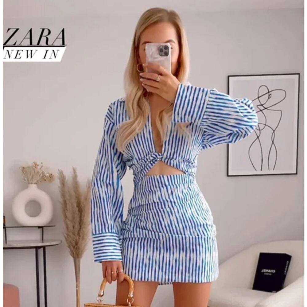 ZARA Striped Knot Cut Out Mini Dress Linen Blend Long Sleeve Blue/ White NWT - Picture 4 of 14